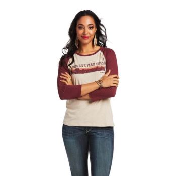 Ariat REAL Long Live Baseball Tee Oatmeal Heather/Zinfandel | ZNgnj6Xq