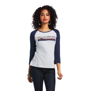 Ariat REAL Long Live Baseball Tee Temno Modre Sive | 7uErgYoF