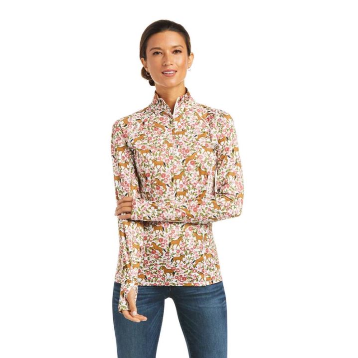 Ariat Lowell 2.0 1/4 Zip Baselayer Sea Salt Floral | 37pD6UMg