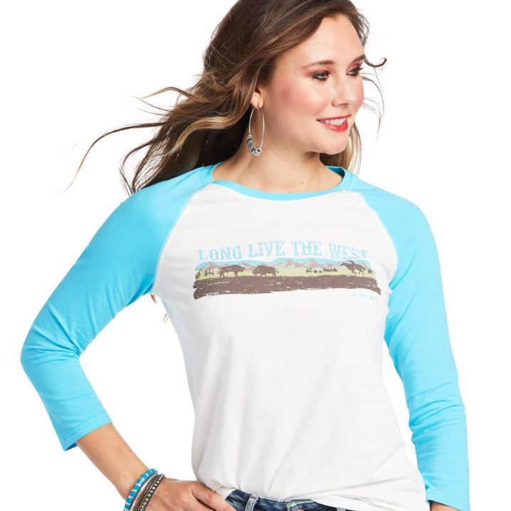 Ariat REAL Long Live Baseball Tee Cloud Dancer/Bachelor Button | xkklhieI