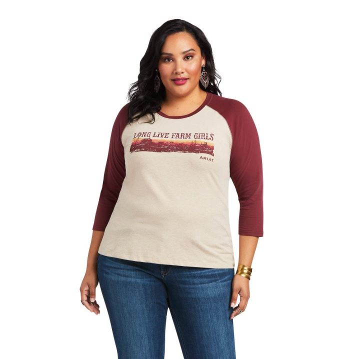 Ariat REAL Long Live Baseball Tee Oatmeal Heather/Zinfandel | ZNgnj6Xq