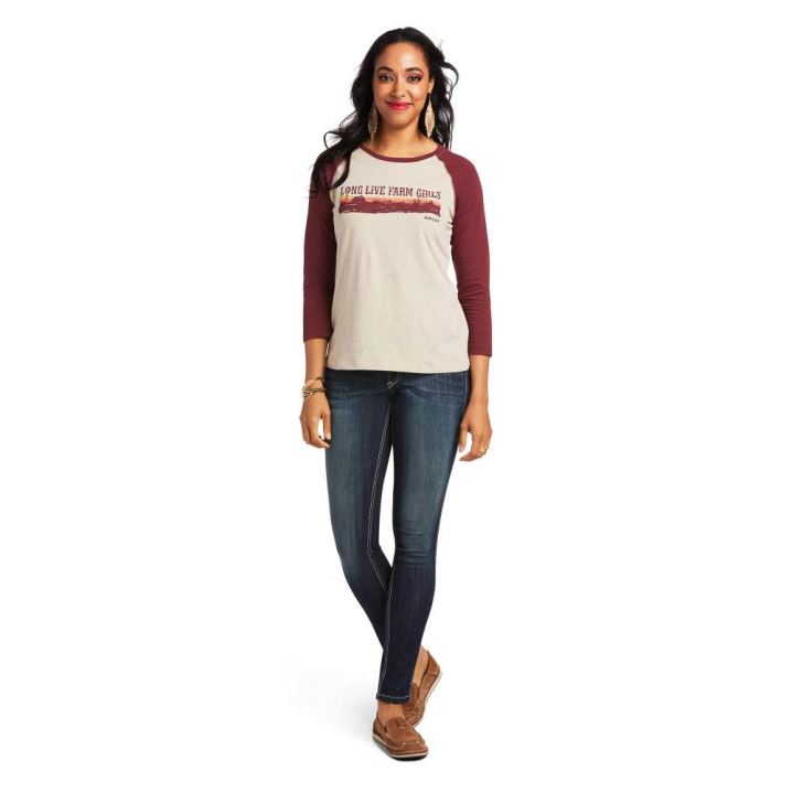 Ariat REAL Long Live Baseball Tee Oatmeal Heather/Zinfandel | ZNgnj6Xq