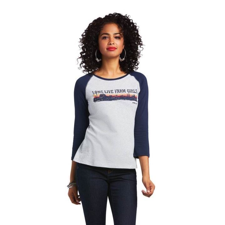 Ariat REAL Long Live Baseball Tee Temno Modre Sive | 7uErgYoF