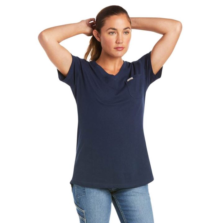 Ariat Rebar Cotton Strong V-Neck Top Temno Modre | zrqhdHOw