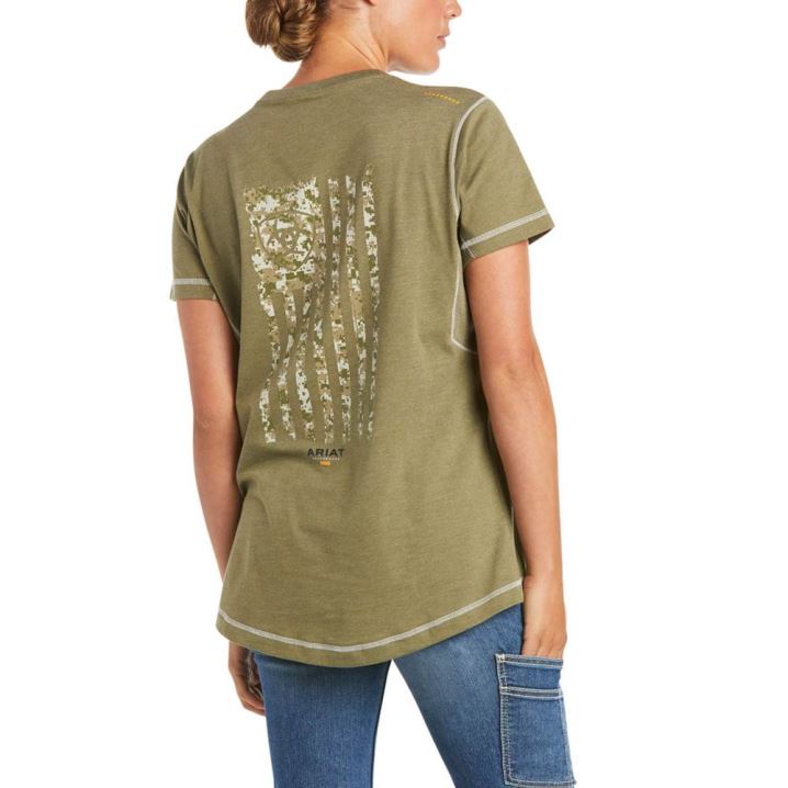 Ariat Rebar Work Woman Camo Flag T-Shirt Olivno Zelene | y2zjjymd